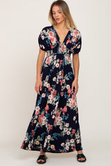 Navy Floral Deep V-Neck Maxi Dress