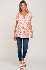 Peach Floral Ribbed Maternity Top