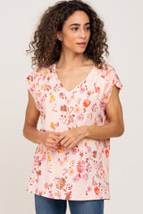 Peach Floral Ribbed Top