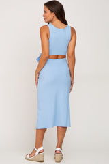 Light Blue Ribbed Back Cutout Maternity Midi Dress