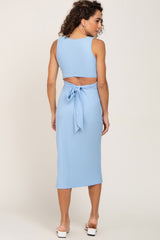 Light Blue Ribbed Back Cutout Midi Dress