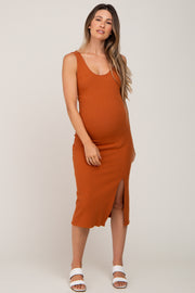 Camel Ribbed Back Cutout Maternity Midi Dress