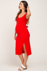 Red Ribbed Back Cutout Maternity Midi Dress