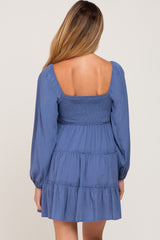 Blue Drawstring Front Smocked Sweetheart Neck Maternity Mini Dress