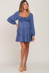 Blue Drawstring Front Smocked Sweetheart Neck Maternity Mini Dress