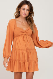 Orange Drawstring Front Smocked Sweetheart Neck Mini Dress