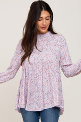 Lavender Floral Ruffle Mock Neck Babydoll Maternity Blouse