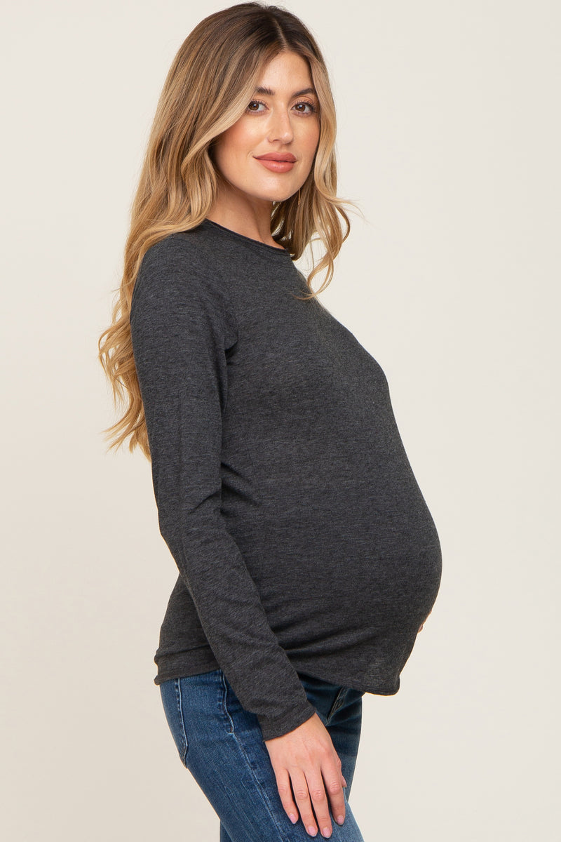 Charcoal Basic Raw Hem Maternity Long Sleeve Top– PinkBlush