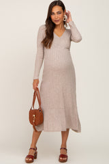 Beige Knit Long Sleeve Ruffle Hem Maternity Midi Dress