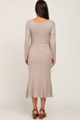 Beige Knit Long Sleeve Ruffle Hem Maternity Midi Dress