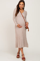 Beige Knit Long Sleeve Ruffle Hem Maternity Midi Dress