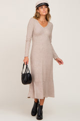 Beige Knit Long Sleeve Ruffle Hem Maternity Midi Dress