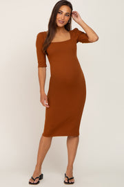 Rust Ribbed Fitted Maternity Midi Dress