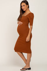 Rust Ribbed Fitted Maternity Midi Dress