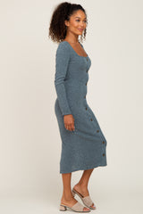 Teal Ribbed Knit Button Accent Midi Dress