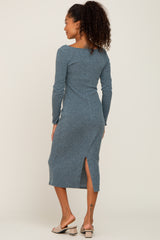 Teal Ribbed Knit Button Accent Midi Dress