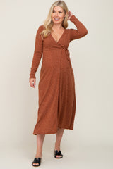 Rust Rib Knit Maternity Midi Wrap Dress