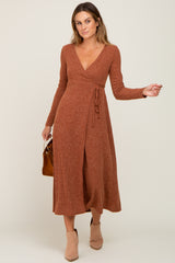 Rust Rib Knit Midi Wrap Dress