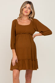 Mocha Ribbed Knit Ruffle Accent Back Tie Maternity Dress