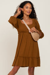 Mocha Ribbed Knit Ruffle Accent Back Tie Maternity Dress