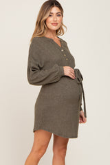 Olive Soft Rib Knit Henley Maternity Dress