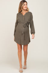 Olive Soft Rib Knit Henley Maternity Dress