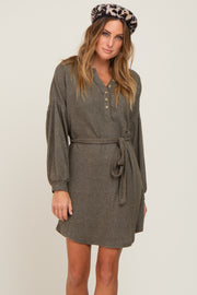 Olive Soft Rib Knit Henley Dress