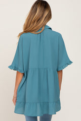 Teal Oversized Button Front Ruffle Short Sleeve Hi-Low Maternity Top