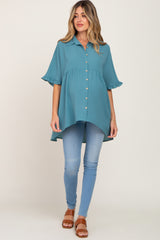 Teal Oversized Button Front Ruffle Short Sleeve Hi-Low Maternity Top