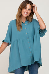 Teal Oversized Button Front Ruffle Short Sleeve Hi-Low Top