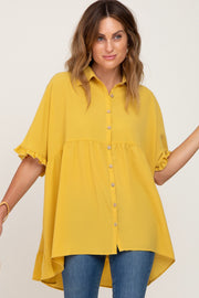 Yellow Oversized Button Front Ruffle Short Sleeve Hi-Low Top