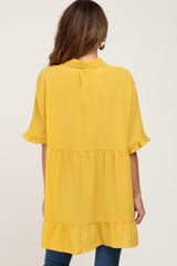 Yellow Oversized Button Front Ruffle Short Sleeve Hi-Low Top