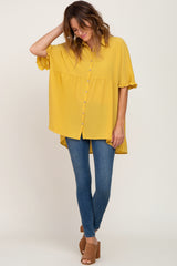 Yellow Oversized Button Front Ruffle Short Sleeve Hi-Low Top