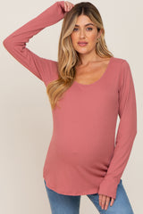 Mauve Ribbed Basic Long Sleeve Maternity Top