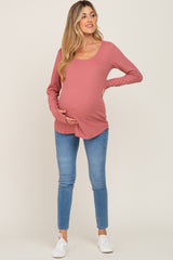 Mauve Ribbed Basic Long Sleeve Maternity Top