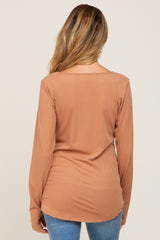 Camel Ribbed Basic Long Sleeve Maternity Top