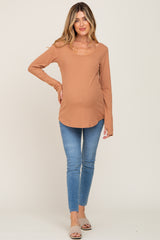 Camel Ribbed Basic Long Sleeve Maternity Top