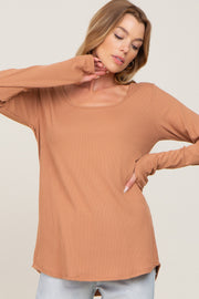 Camel Ribbed Basic Long Sleeve Top