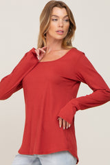 Rust Ribbed Basic Long Sleeve Top