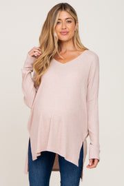 Light Pink Ribbed Oversized Hi-Low Maternity Long Sleeve Top