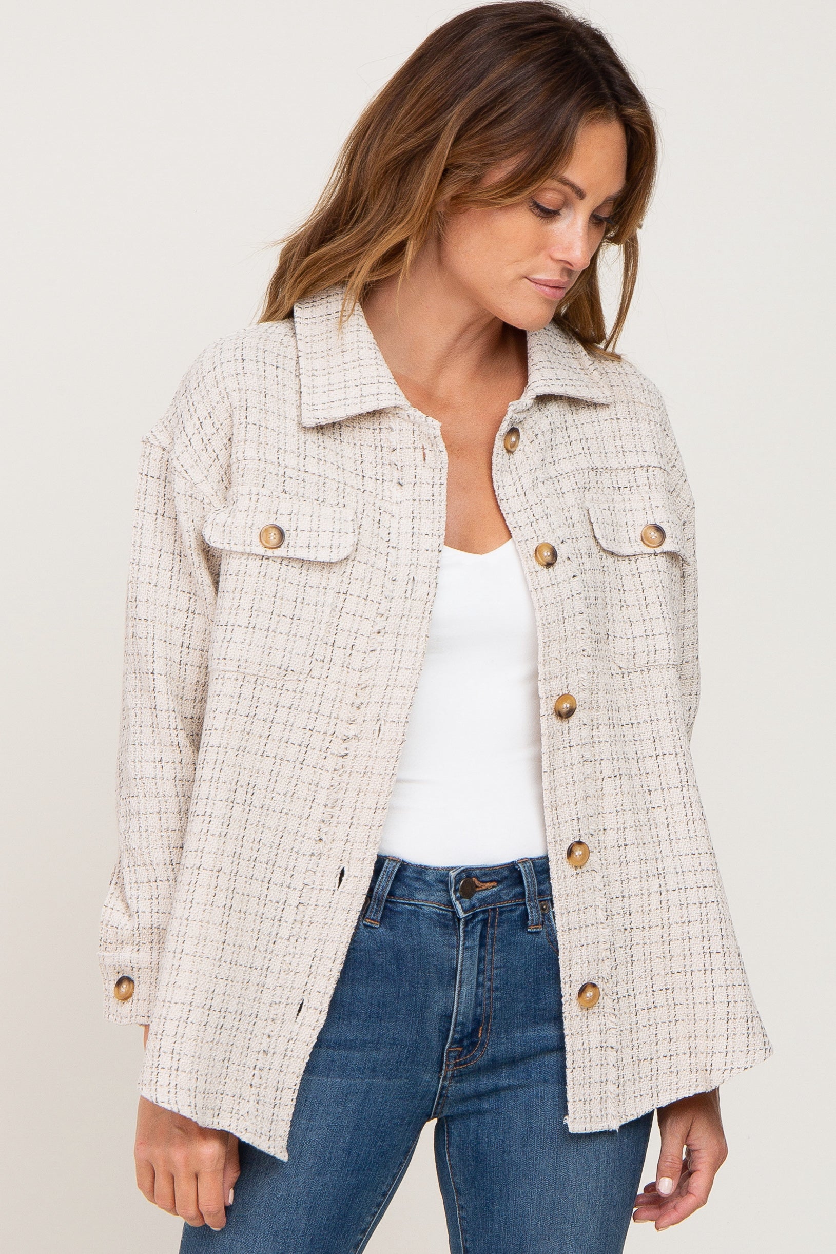 Beige Tweed Front Pocket Shacket – PinkBlush