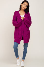 Magenta Cable Knit Front Pocket Cardigan