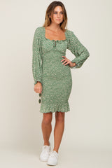 Sage Leaf Print Long Sleeve Smocked Dress