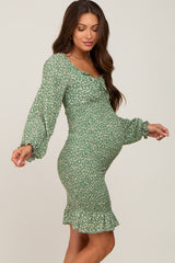 Sage Leaf Print Long Sleeve Smocked Maternity Dress