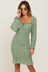 Sage Leaf Print Long Sleeve Smocked Dress