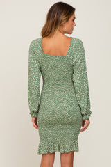 Sage Leaf Print Long Sleeve Smocked Dress