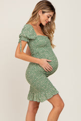 Light Olive Floral Smocked Fitted Maternity Mini Dress