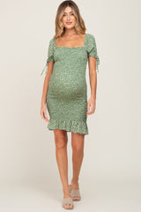 Light Olive Floral Smocked Fitted Maternity Mini Dress