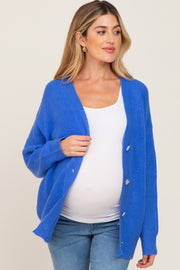 Royal Blue Brushed Button Front Maternity Cardigan