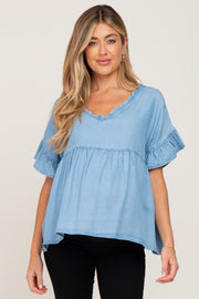 Blue Chambray Ruffle Peplum Maternity Blouse